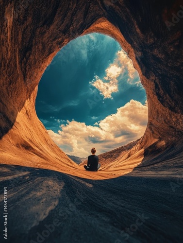 Obraz na płótnie A person meditates inside a large natural rock cave, with the dramatic sky above reflecting in its interior. This serene image captures solitude and reflection amidst the beauty of desert landscapes. w salonie