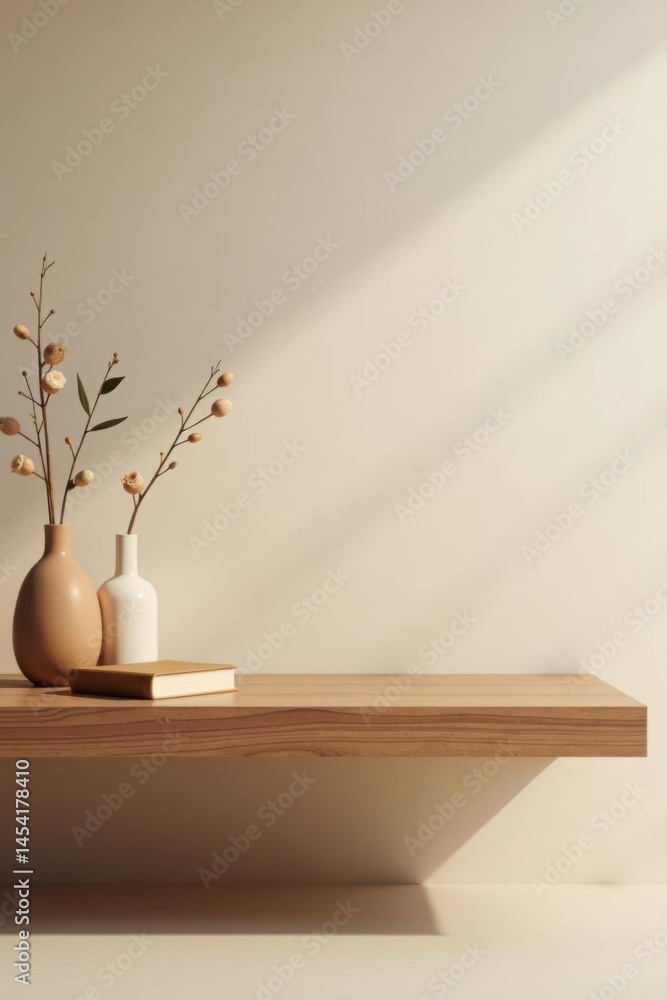 Minimalist wooden shelf with simple vases and book, bathed in soft sunlight Minimalist wooden shelf with simple vases and book, bathed in soft sunlight