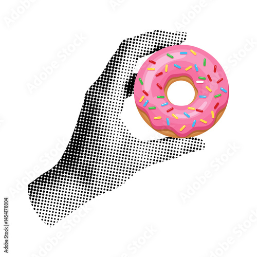 hand holding a donut, retro halftone effect illustration