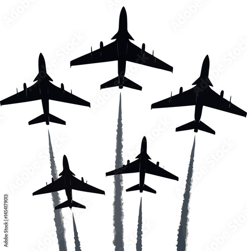 Airplane Formation with Smoke Trails Silhouette Vector