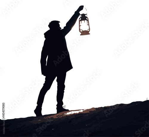 Person Holding Lantern in Darkness Silhouette Vector