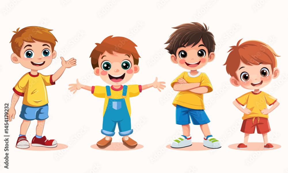 Cute little boys in different poses. Vector cartoon illustration isolated on white background Cute little boys in different poses. Vector cartoon illustration isolated on white background