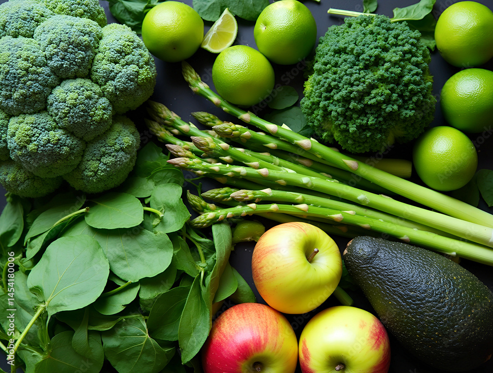 Fresh green vegetables and fruits arranged on a dark surface highlighting healthy eating and vibrant colors