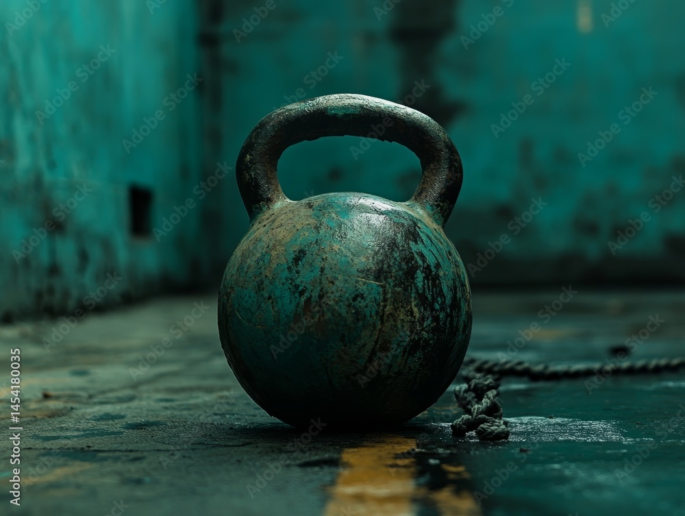 Dilapidated gym, rusted kettlebell, abandoned space