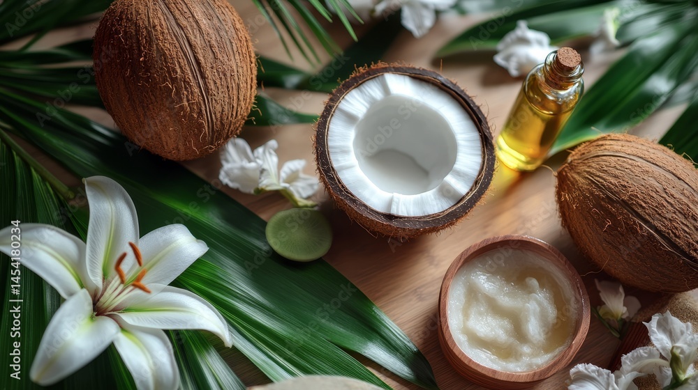 Coconut oil and milk used in beauty products. Coconuts in a tropical setting with natural greenery background.