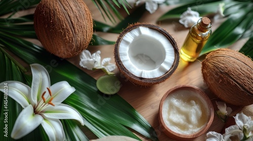 Obraz na płótnie Coconut oil and milk used in beauty products. Coconuts in a tropical setting with natural greenery background. w salonie