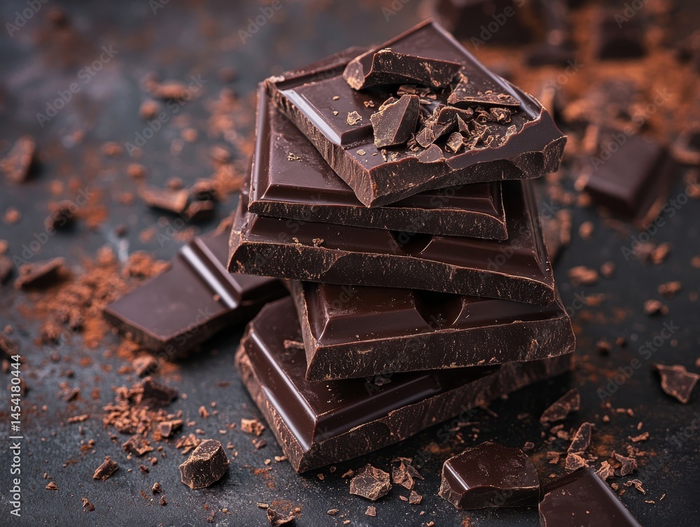 A stack of dark chocolate bars with visible cocoa powder, a delicious and indulgent sweet treat.