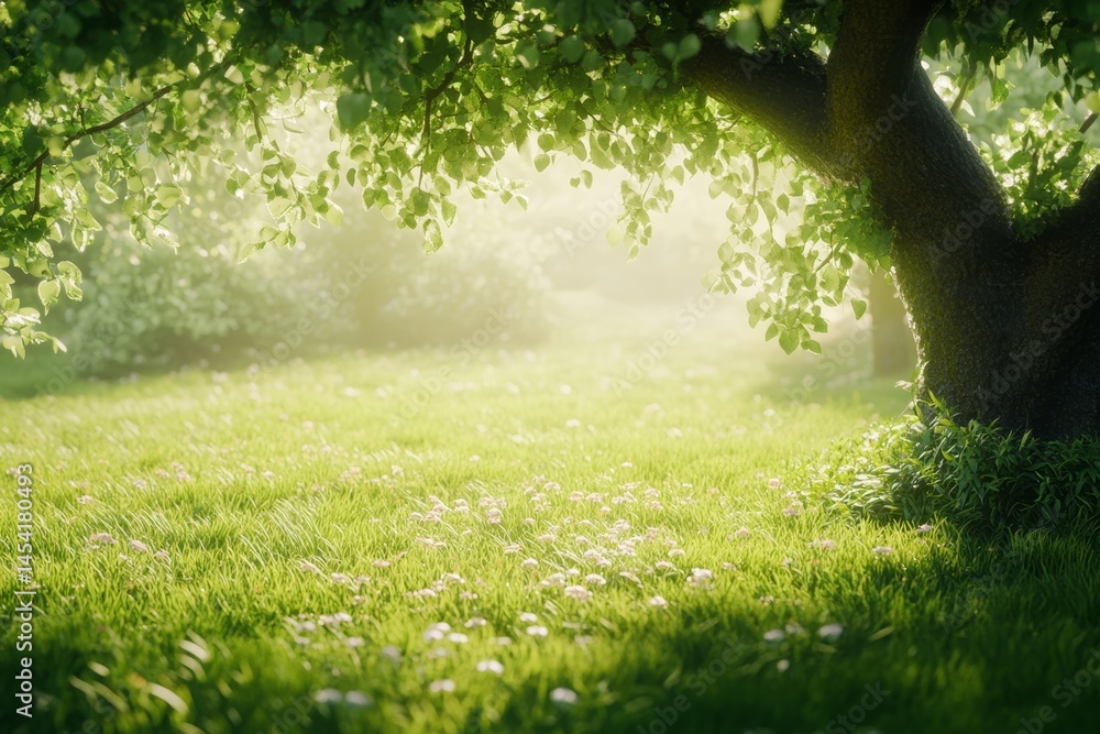Peaceful scene of a grassy field with trees providing shade under sunlight. Ideal for relaxation or leisurely strolls.