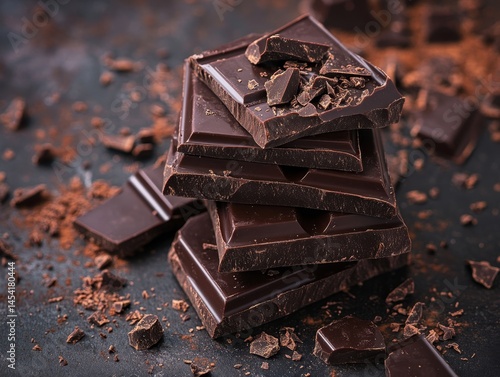 Obraz na płótnie A stack of dark chocolate bars with visible cocoa powder, a delicious and indulgent sweet treat. w salonie