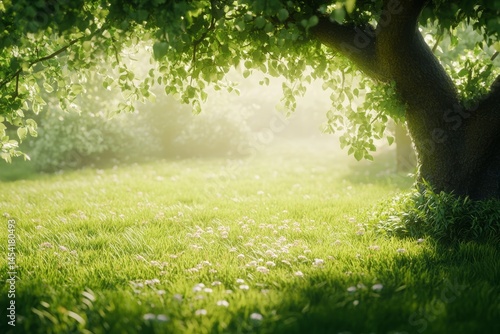 Obraz na płótnie Peaceful scene of a grassy field with trees providing shade under sunlight. Ideal for relaxation or leisurely strolls. w salonie