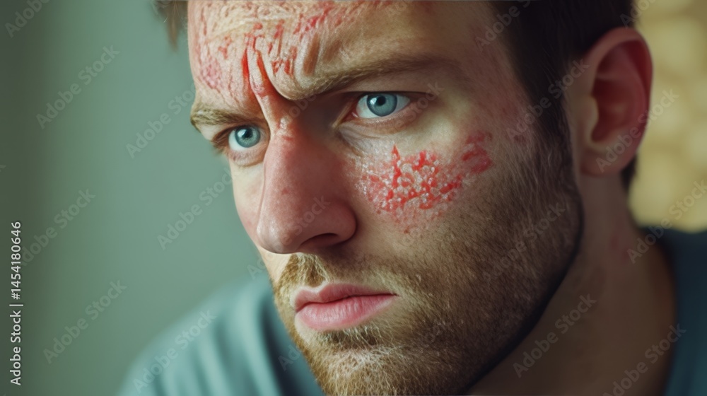 A man with a sickly complexion and red marks on his face looking intense.