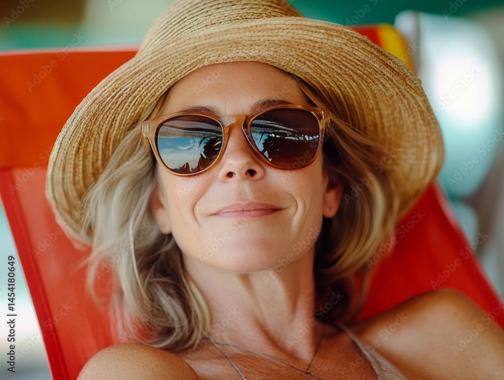 Happy, relaxed woman wearing sunglasses and sun protection while lounging on a beach. Enjoying vacation by the ocean.