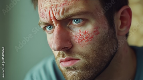 Obraz na płótnie A man with a sickly complexion and red marks on his face looking intense. w salonie