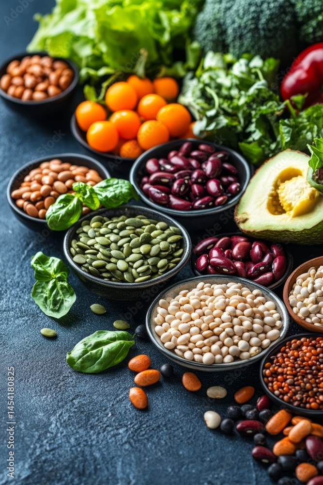 A variety of wholesome ingredients for a fresh salad. Includes legumes, seeds, and fruits.