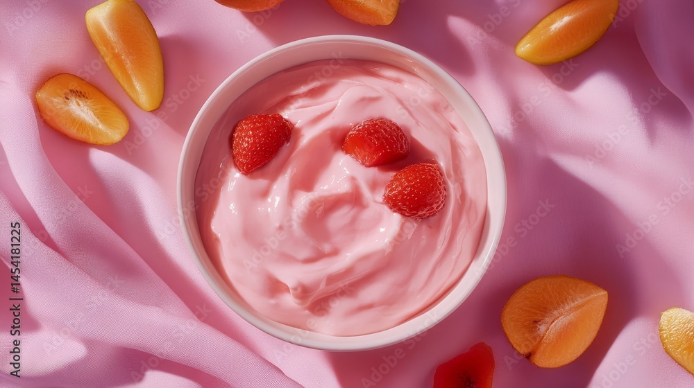 Fresh strawberries in a bowl of pink ice cream with white dots, presented on a pink cloth.