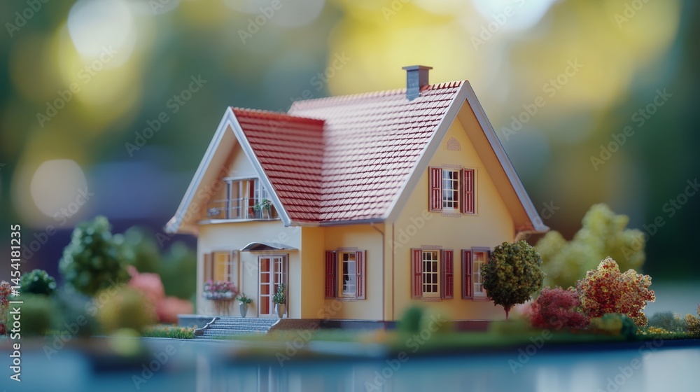 A detailed miniature Swiss-style chalet in a green garden setting.