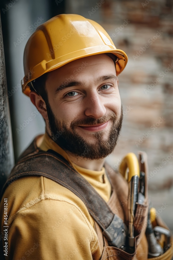Happy male worker with tool belt and helmet, wearing yellow safety gear.