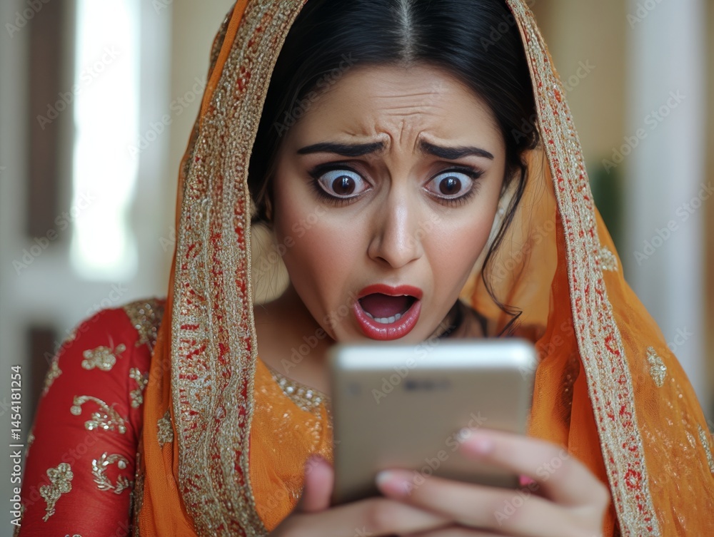 An Indian bride looking at her cellphone with a look of surprise or shock on her face, possibly receiving unexpected news about her wedding day.