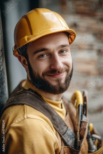 Obraz na płótnie Happy male worker with tool belt and helmet, wearing yellow safety gear. w salonie
