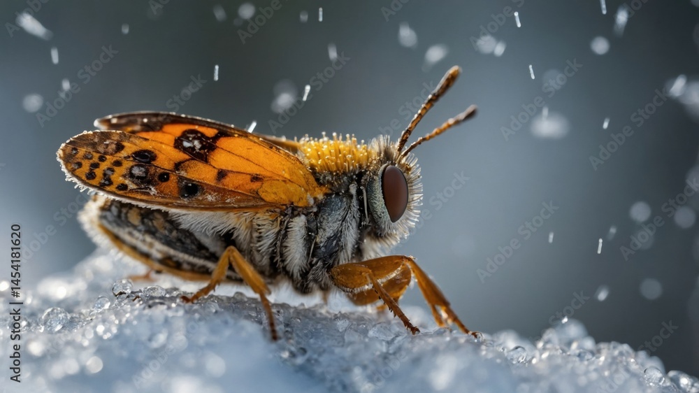 Fototapeta premium Close-up of a colorful butterfly on a frosty surface with water droplets creating a bokeh effect in background.