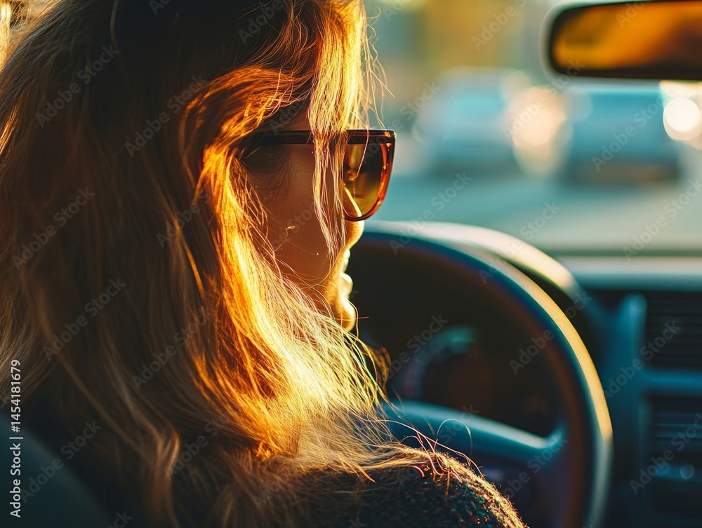 A woman with long hair is driving a car and wearing sunglasses. Concept of relaxation and leisure, as the woman is enjoying her time behind the wheel