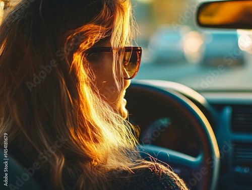 Obraz na płótnie A woman with long hair is driving a car and wearing sunglasses. Concept of relaxation and leisure, as the woman is enjoying her time behind the wheel w salonie