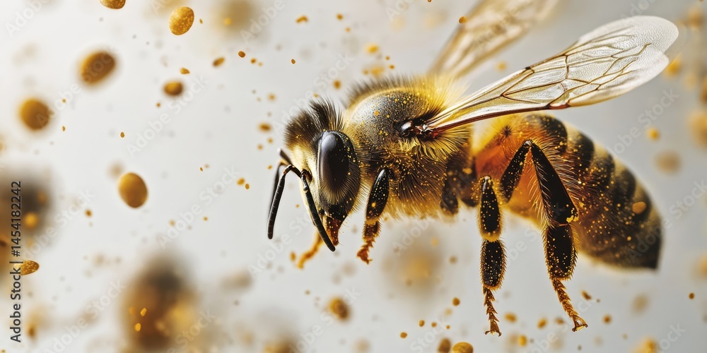 A bee is flying through a cloud of dust. The bee is the main focus of the image, and the dust adds a sense of movement and energy to the scene. The image conveys a feeling of liveliness and activity