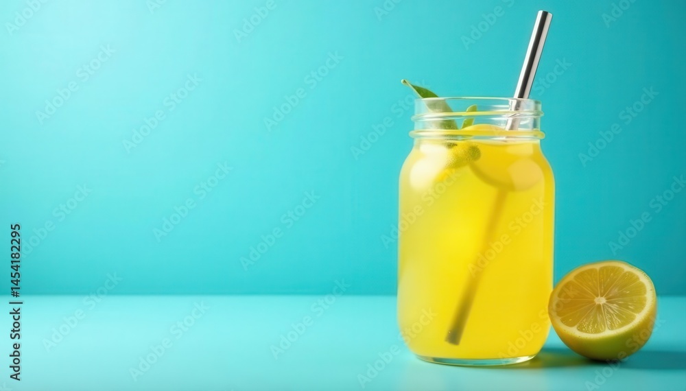 Fototapeta premium Refreshing lemonade in mason jar with metal straw Blue background , fresh, environmentally friendly, detox water