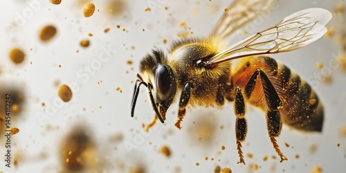 Obraz na płótnie A bee is flying through a cloud of dust. The bee is the main focus of the image, and the dust adds a sense of movement and energy to the scene. The image conveys a feeling of liveliness and activity w salonie