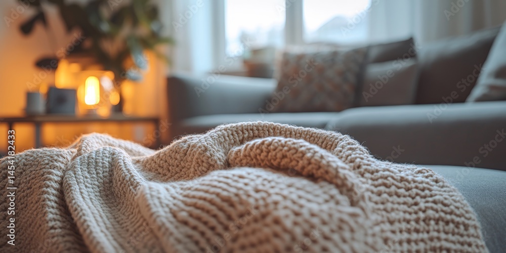 A cozy living room with a blanket on the floor and a lamp on a table. The room has a warm and inviting atmosphere