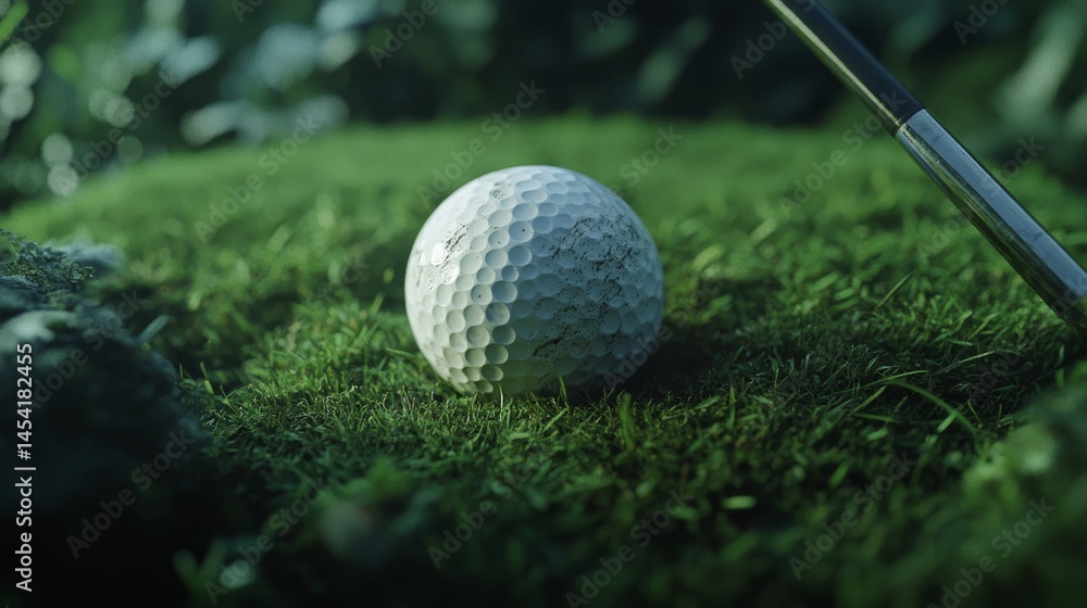 A golf ball and club in a serene setting with grass.