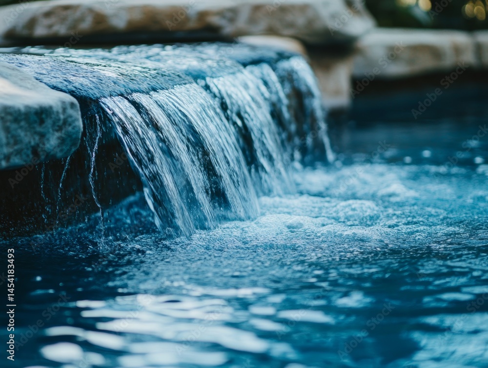 Blue water cascading into pool, relaxing atmosphere, modern design elements.