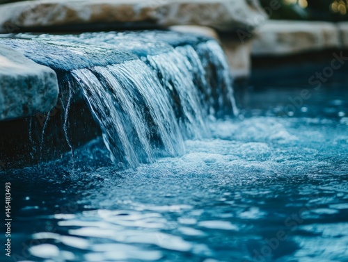 Obraz na płótnie Blue water cascading into pool, relaxing atmosphere, modern design elements. w salonie