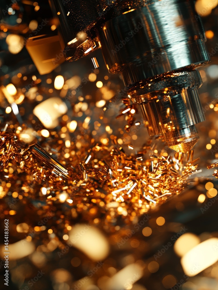 Close-up of golden glitter falling on a metal surface. Shiny particles creating a bright and textured effect.