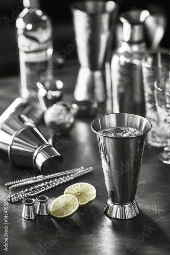 A black and white photo of a table with various liquor bottles and glasses, including a tall glass with a lime wedge in it. Scene is sophisticated and elegant, with the various liquor bottles