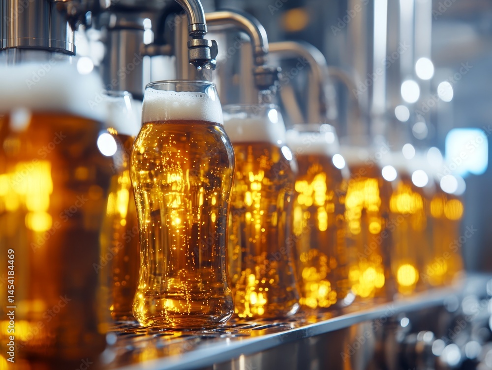 Glasses of beer with foamy tops at a bar tap counter.