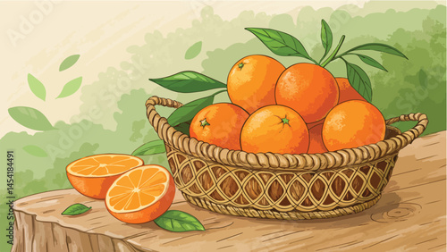 Oranges in wicker basket with orange slice in natural background, Orange vector design, Orange in basket