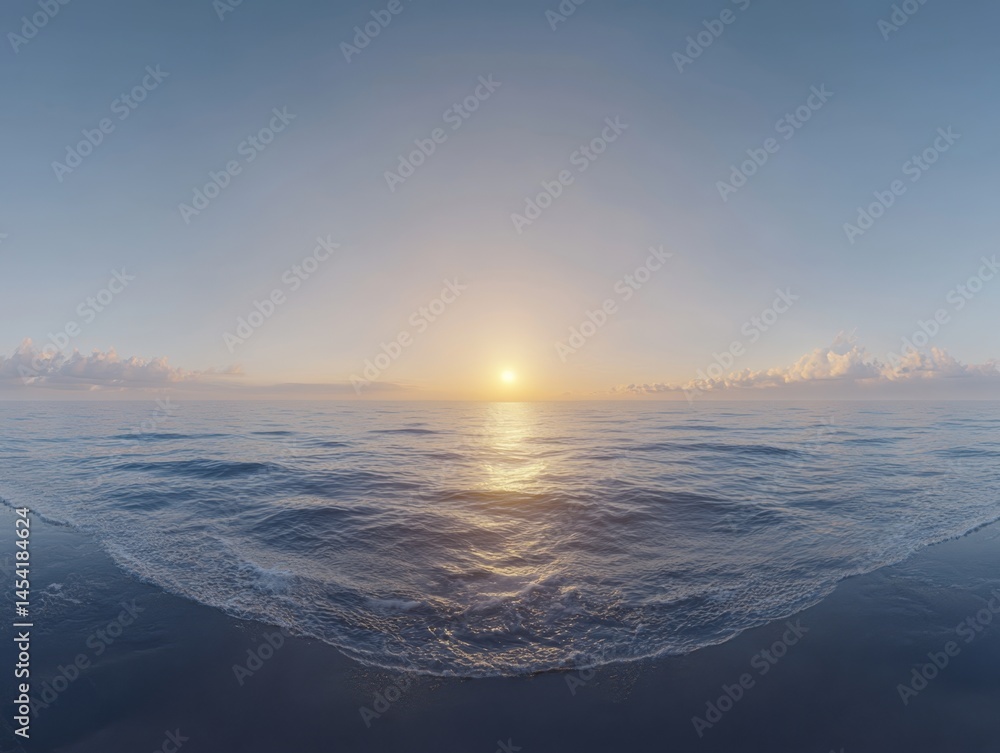 The ocean is calm and the sun is setting, creating a serene and peaceful atmosphere. The water is a deep blue color, and the sky is a light blue with a few clouds scattered throughout