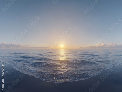 Obraz na płótnie The ocean is calm and the sun is setting, creating a serene and peaceful atmosphere. The water is a deep blue color, and the sky is a light blue with a few clouds scattered throughout w salonie