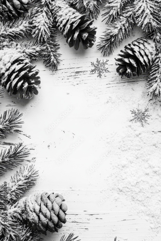Festive pine cones covered with snow, suggesting a winter holiday theme.