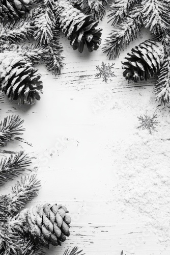Obraz na płótnie Festive pine cones covered with snow, suggesting a winter holiday theme. w salonie