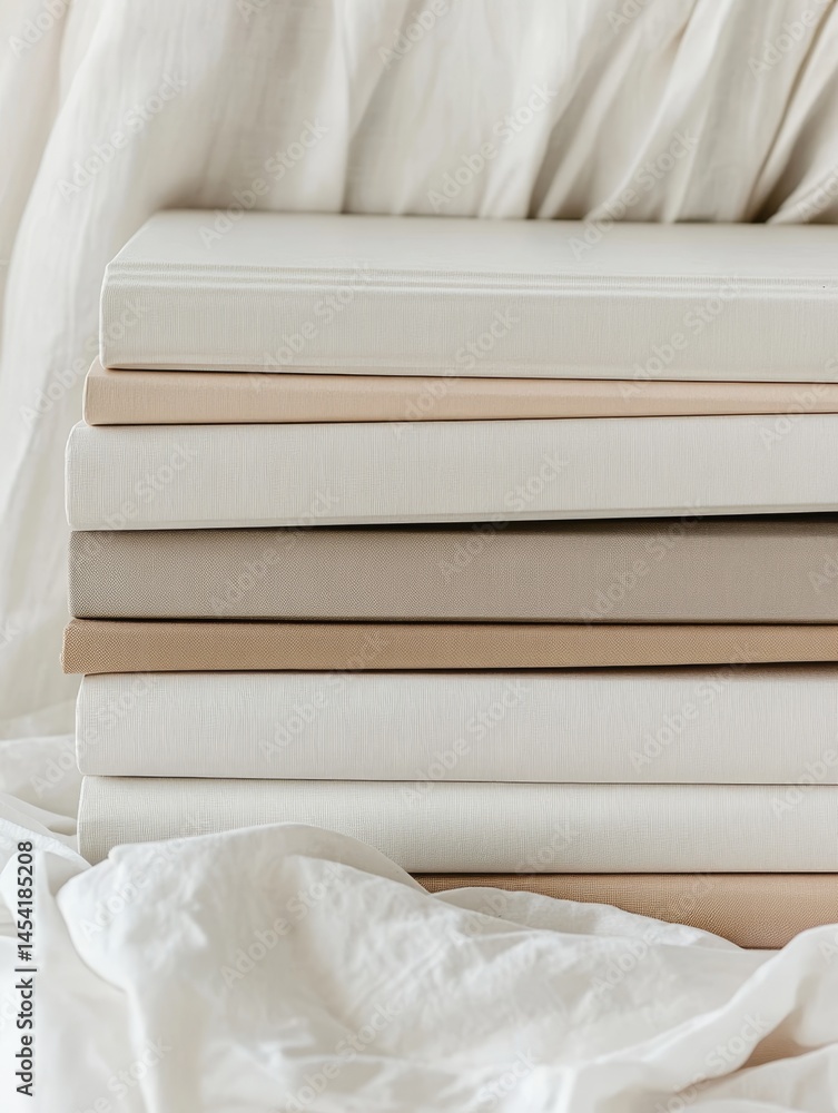 A neatly stacked assortment of pillowcases and sheets, showcasing softness and neutral color palette. A made-up bed with inviting ambiance.