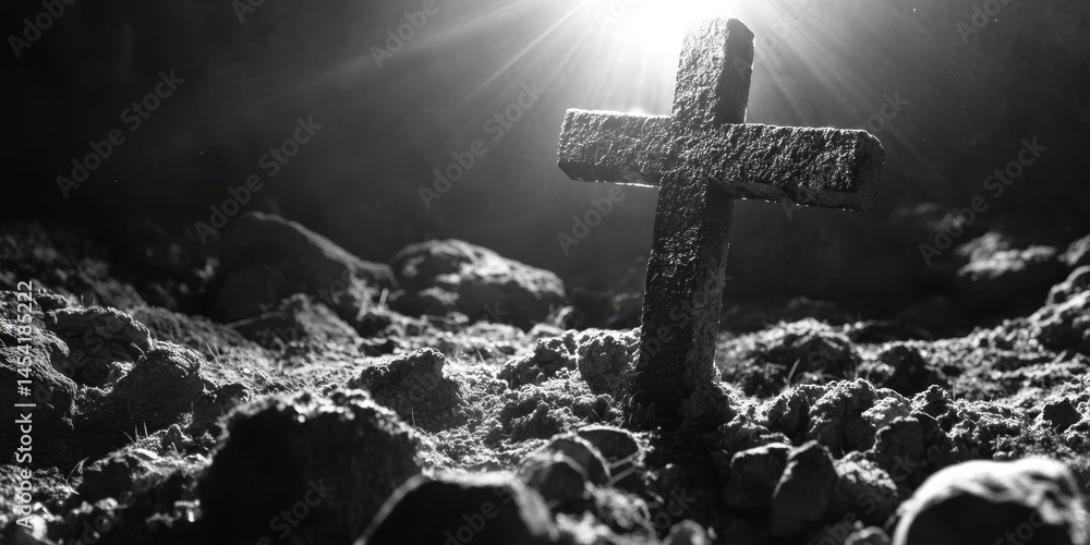 A cross planted on a desolate lunar surface, symbolizing faith in the harshness of outer space.
