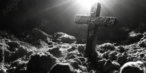 Obraz na płótnie A cross planted on a desolate lunar surface, symbolizing faith in the harshness of outer space. w salonie