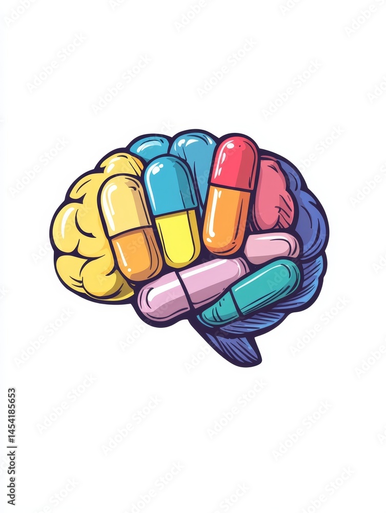 Colorful pills held in a human head, symbolizing medication and health. Modern art style conceptual illustration.