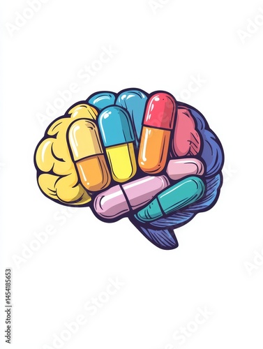 Obraz na płótnie Colorful pills held in a human head, symbolizing medication and health. Modern art style conceptual illustration. w salonie