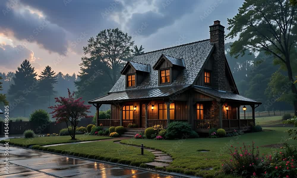 Cozy Cottage Amidst Twilight Rain