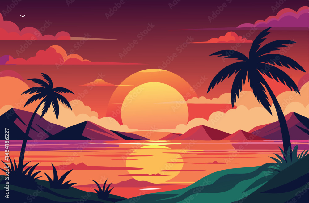 Scenic Sunset with Palm Tree Shadows Scenic Sunset with Palm Tree Shadows