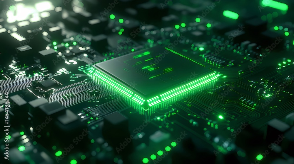 グリーンライトが輝く複雑な回路基板のクローズアップ 技術革新のデジタル世界を表現 グリーンライトが輝く複雑な回路基板のクローズアップ 技術革新のデジタル世界を表現