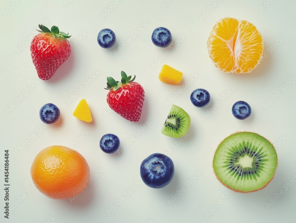 Assorted vibrant, ripe fruits piled together on a white background. Ideal for healthy snacking or creative fruit display.